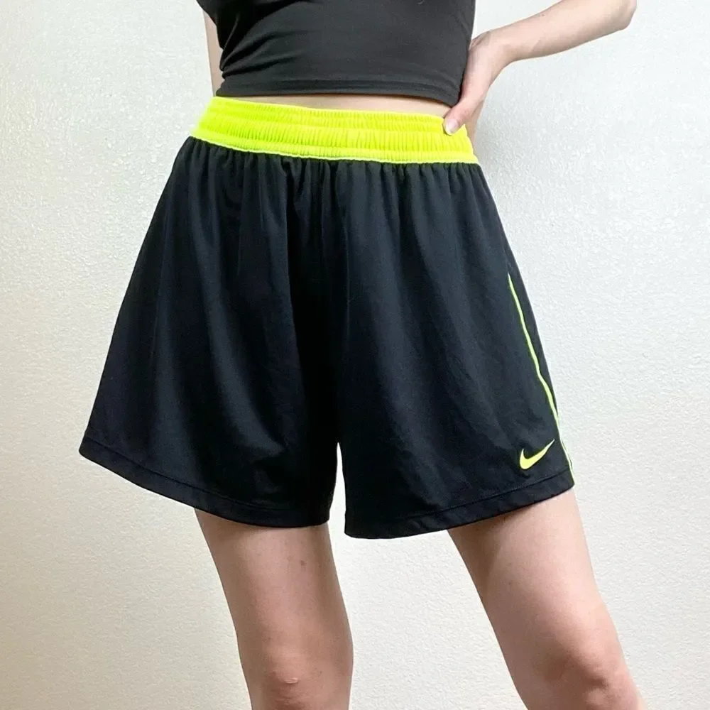 Nike Dri-Fit Black & Neon Yellow High Rise Athletic Gym Shorts